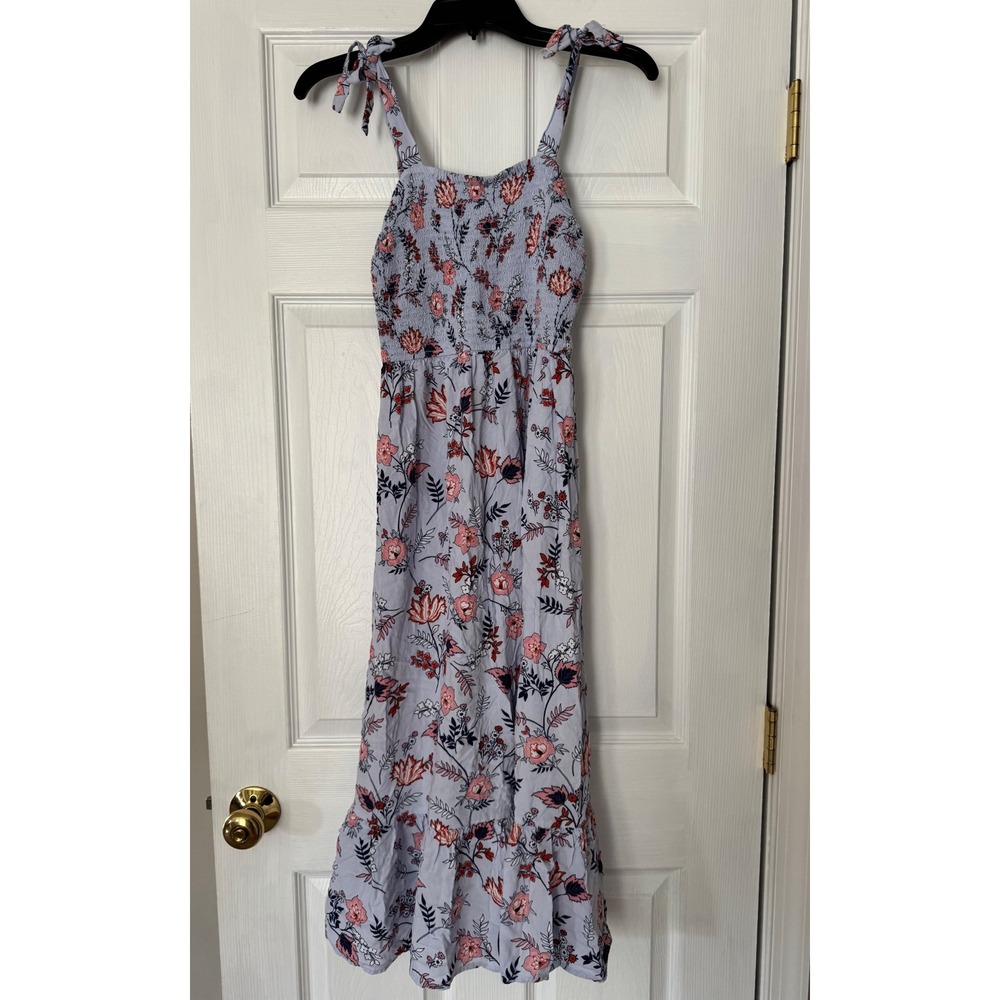 Japna Women Blue Floral Smocked Maxi Dress Tie Shoulder Straps Rayon Size S